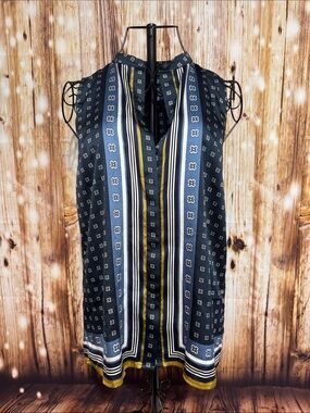 Ann Taylor Navy, Light Blue and Yellow Striped V-Neck Sleeveless Blouse
